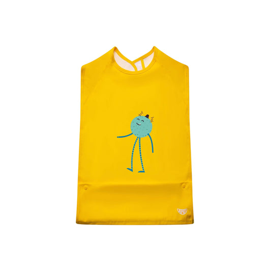 Washable disability bibs for  kids, teens and adults. Sunshine yellow , sleeveless. Features a food pocket, innovative fastener, and cute monster graphic