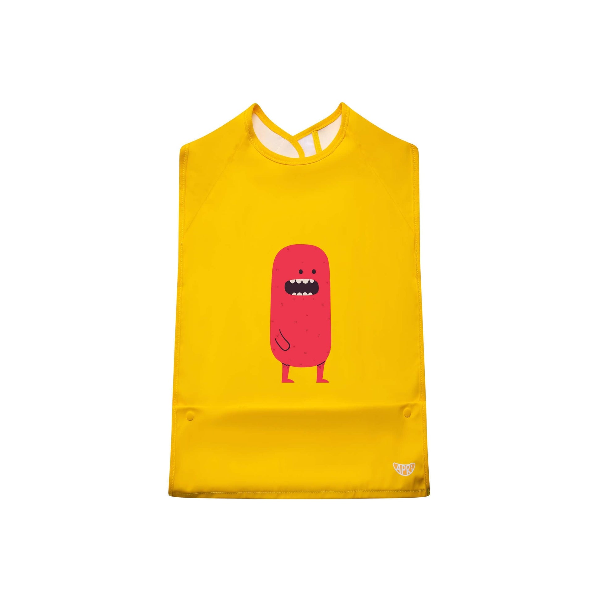 Waterproof bib for kids, teens and adults with disabilities. Bold yellow sleeveless bib with food pocket and cute monster print