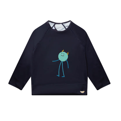 Apri reusable bib for kids, teens, and adults with disabilities. Dark blue, playful leggy monster, long sleeves, and food pocket