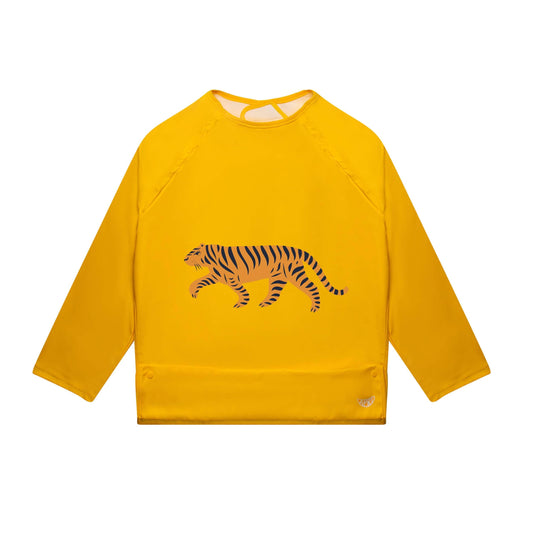 Apri special needs bibs: Sunshine yellow long-sleeves for kids, teens, and adults. Tiger graphic and food pocket included.